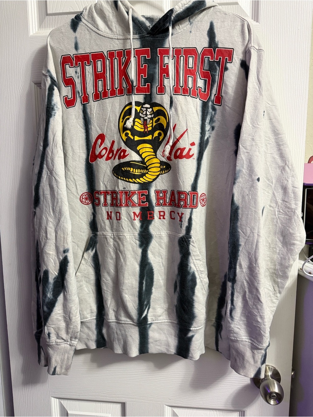 Bioworld Gray Tie-Dye Hoodie with Black Streaks and Red Graphic